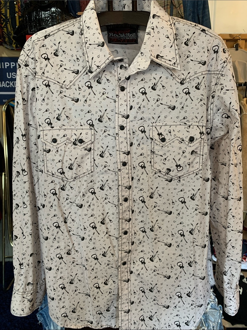 Rock & Roll Cowboy White Graphic Button-Down Pearlsnap Shirt
